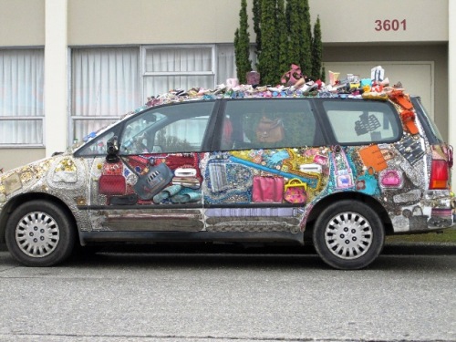 car decorated with purses