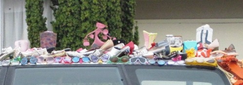 car decorated with shoes and sunglasses